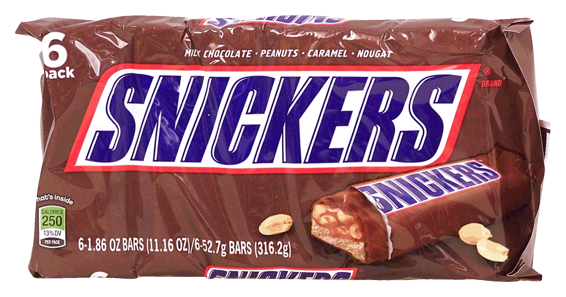 Snickers(r)  milk chocolate peanuts, caramel, nougat candy bars, 6-count Full-Size Picture